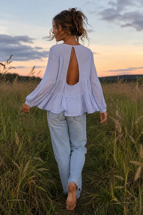 American Eagle Outfitters Tops - American Eagle Blue Tiered Peplum Blouse Open Back Long Sleeve Size L
